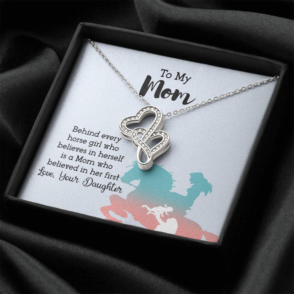 To Mom I Believe Thanks To You 14K  White Gold Cubic Ziconian Diamonds Necklace Double Hearts Necklace