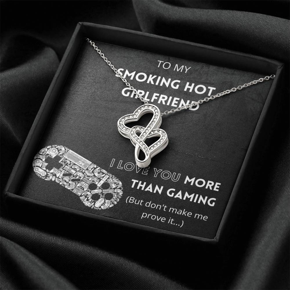 I Love You More Than Gaming - 14K White Gold Plated Joined Hearts Necklace For Girlfriend Double Hearts Necklace