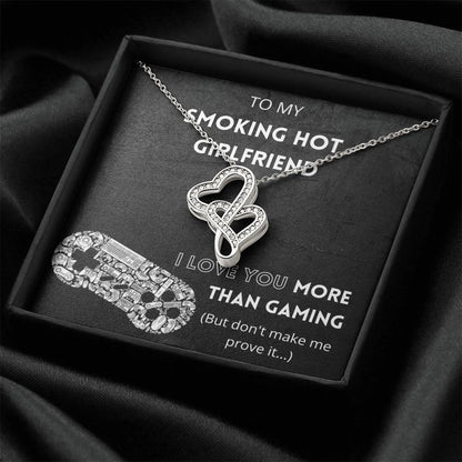 I Love You More Than Gaming - 14K White Gold Plated Joined Hearts Necklace For Girlfriend Double Hearts Necklace