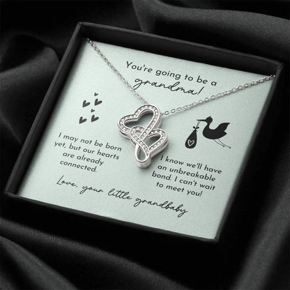 Grandma To Be Birth Announcement Double Hearts  Mint Stork Double Hearts Necklace