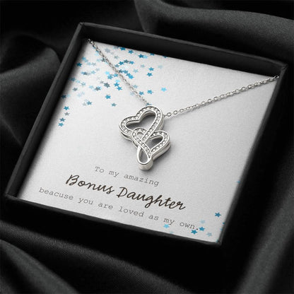 To My Amazing Bonus Daughter - Blue Double Hearts Necklace