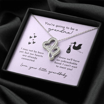 Grandma To Be Birth Announcement Double Hearts  Lavender Stork Double Hearts Necklace