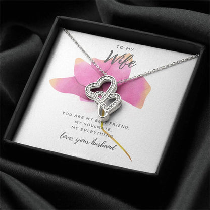 To My Wife - Pink Rose Double Hearts Necklace