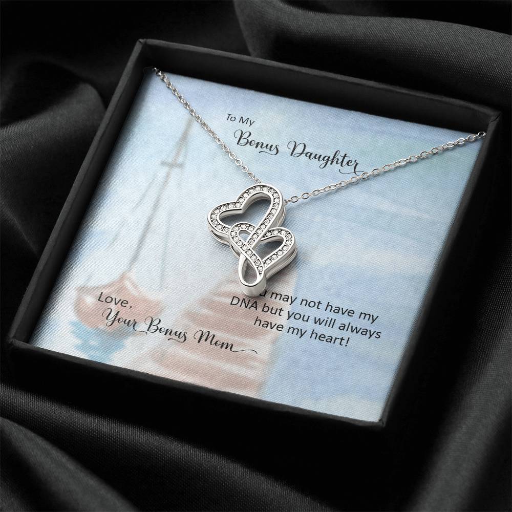 Bonus Daughter From Bonus Mom No Dna But You Have My Heart  5 Double Hearts Necklace