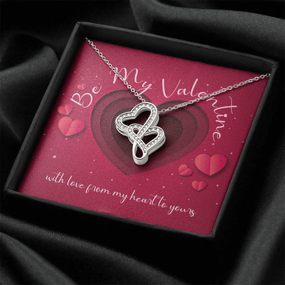 Be My Valentine Double Heart Necklace Sparkling Crystals On 14K White Gold Thoughtfully Presented With Gift Box. Double Hearts Necklace