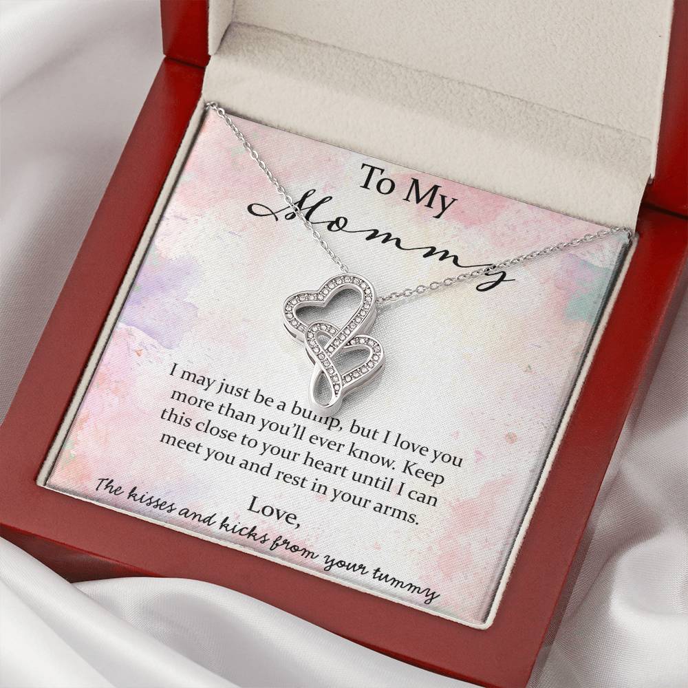 To My Mommy I May Just Be A Bump - Pink Double Hearts Necklace