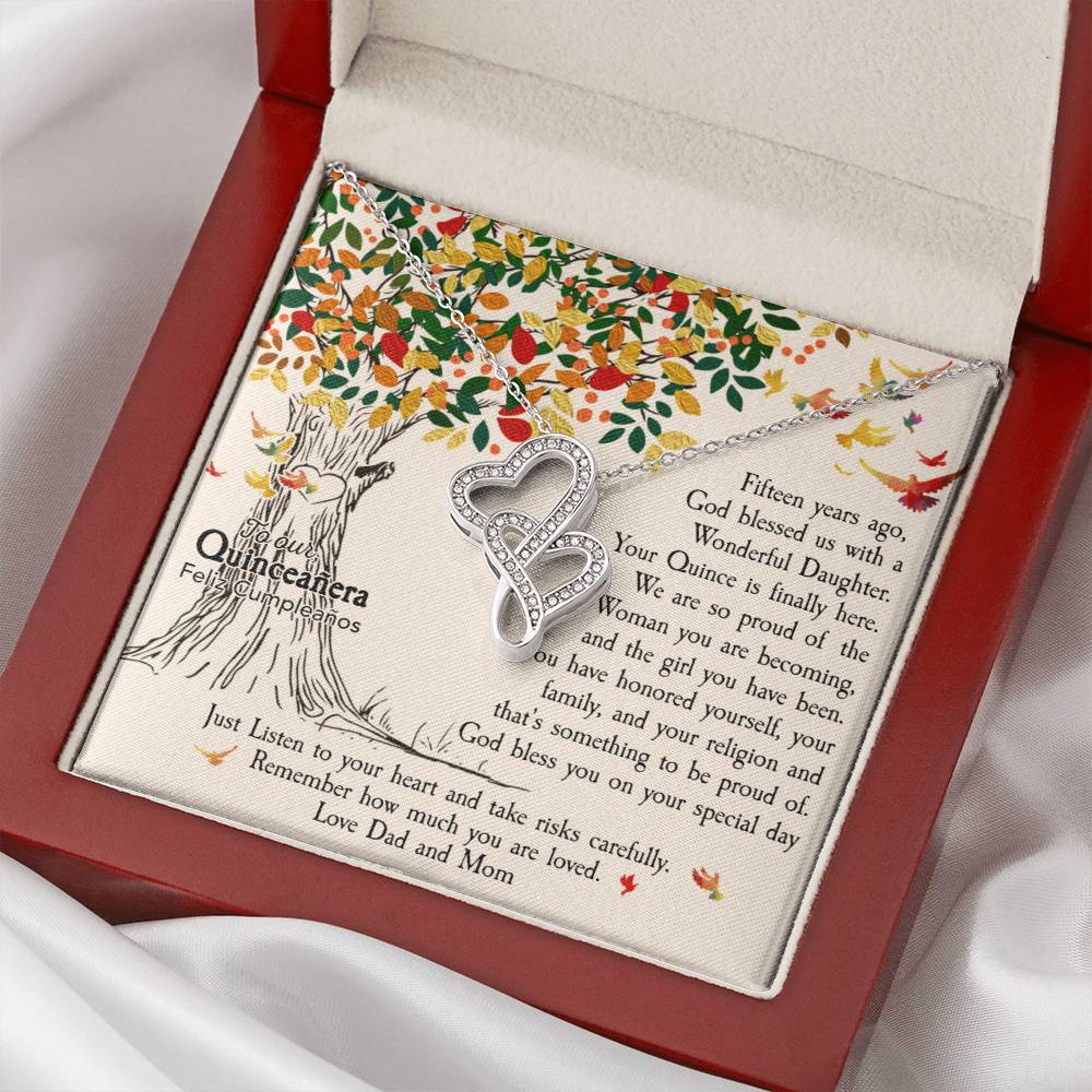 Quinceañera Feliz Cumpleaños Happy Birthday  Double Hearts Necklace