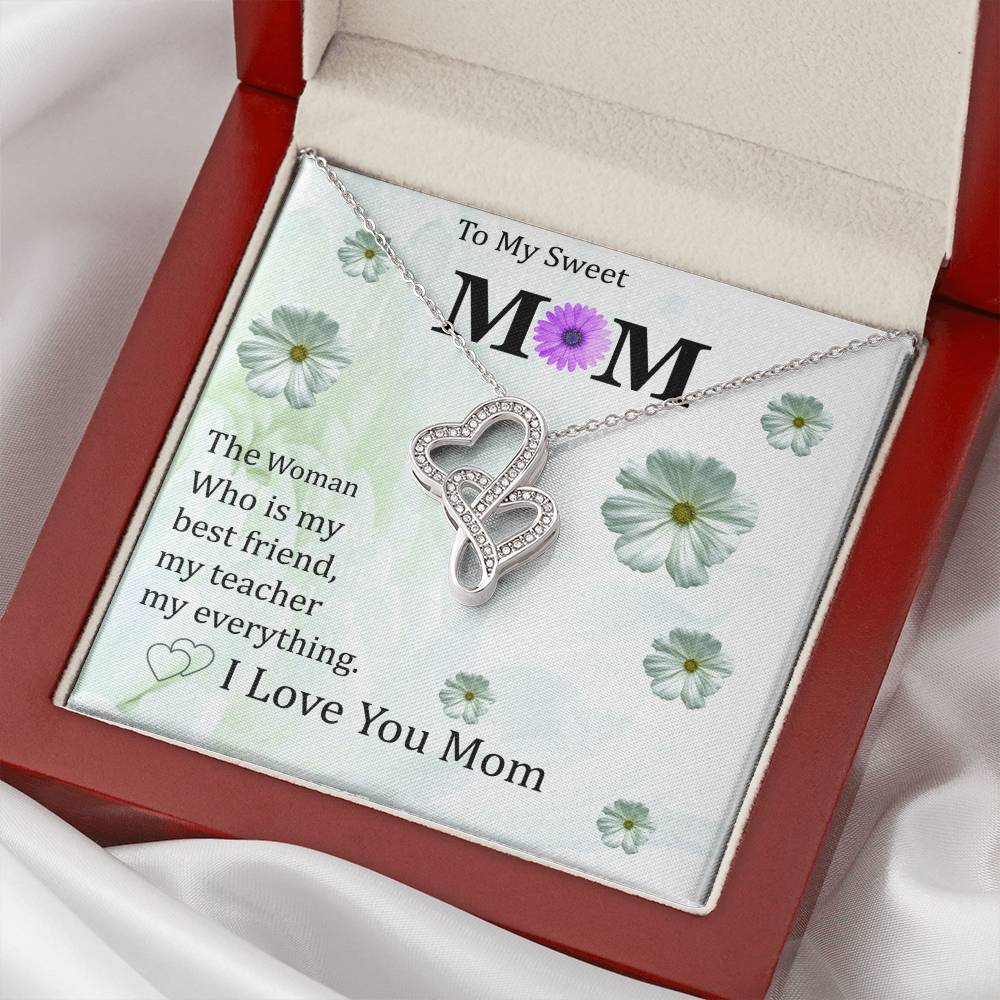 To My Sweet Mom With Pod Message Cards Gift For Mom. Double Hearts Necklace