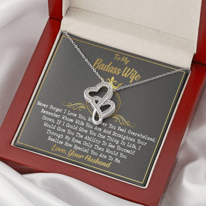 To My Badass Wife Birthday Gift Wife Anniversary Necklace Crystal Heart Golden Crown Necklace Gift - Valentines Day Gi Double Hearts Necklace