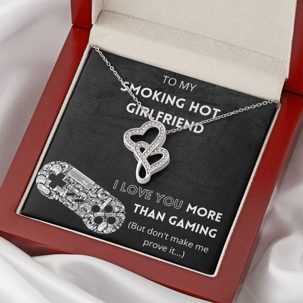 I Love You More Than Gaming - 14K White Gold Plated Joined Hearts Necklace For Girlfriend Double Hearts Necklace