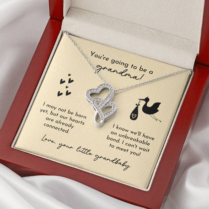 Grandma To Be Birth Announcement Double Hearts  Yellow Stork Double Hearts Necklace
