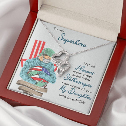 My Superhero Nurse Daughter Interlocking  Double Hearts Necklace