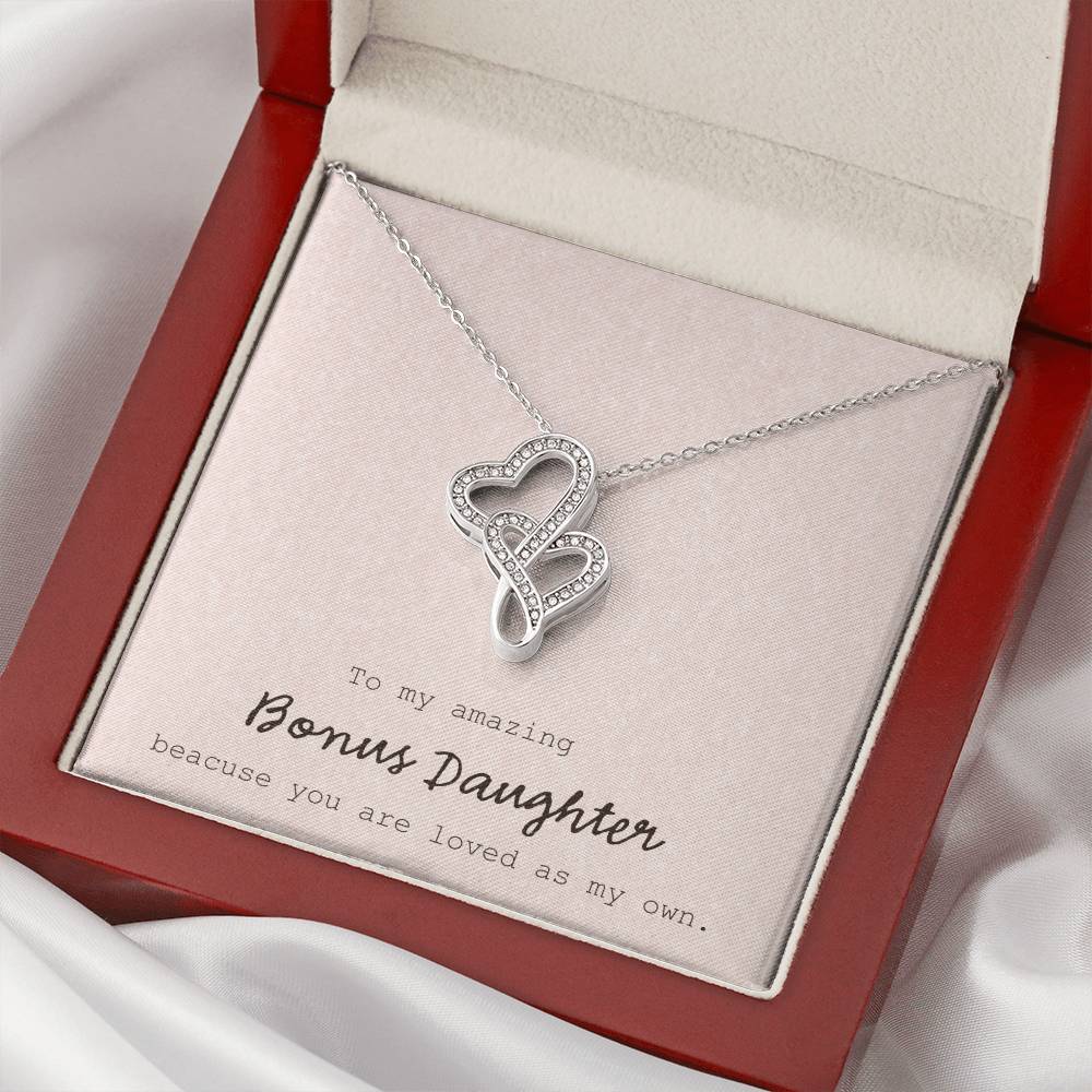 To My Amazing Bonus Daughter - Pink Double Hearts Necklace