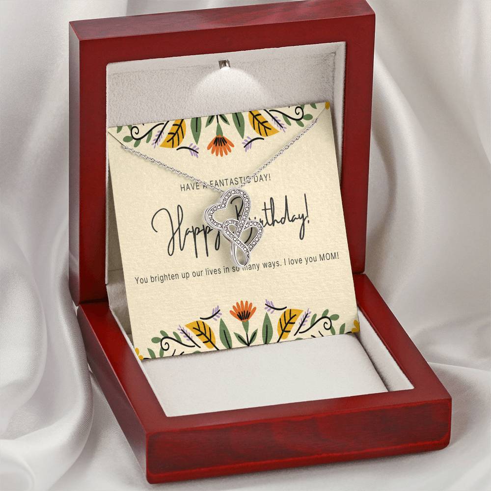 Mom Birthday Gift Mom Birthday Jewelry Mom Necklace Or Bracelet Happy Birthday Mom Message Card Quote Rose Silver Double Hearts Necklace