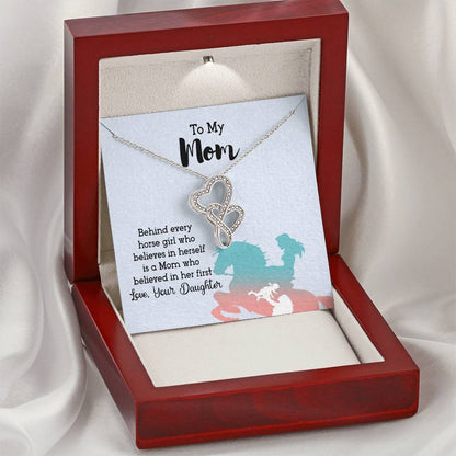 To Mom I Believe Thanks To You 14K  White Gold Cubic Ziconian Diamonds Necklace Double Hearts Necklace