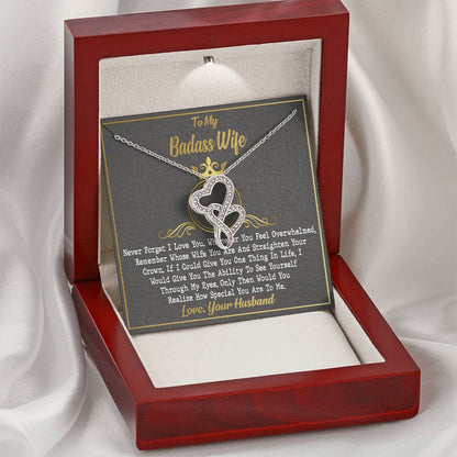 To My Badass Wife Birthday Gift Wife Anniversary Necklace Crystal Heart Golden Crown Necklace Gift - Valentines Day Gi Double Hearts Necklace