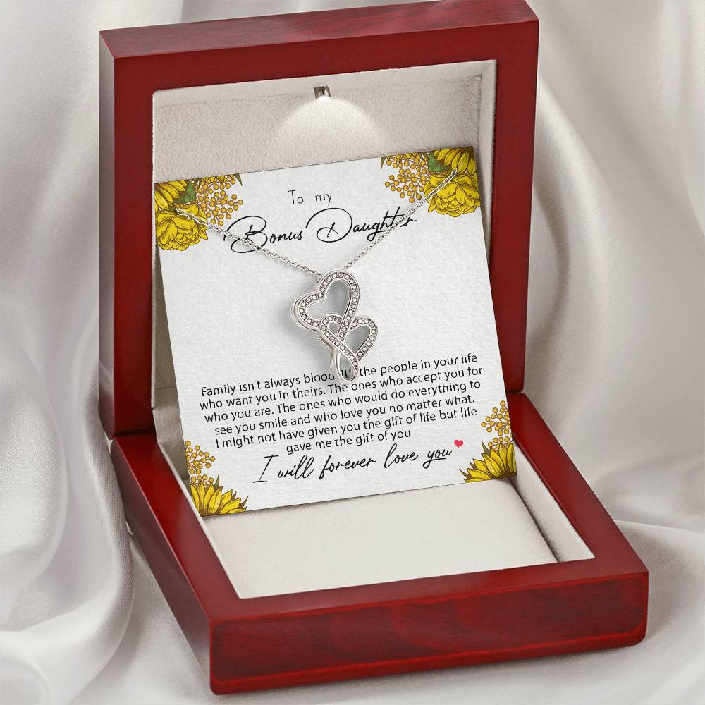 To My Bonus Daughter Family Isn't Always Blood  1 Double Hearts Necklace