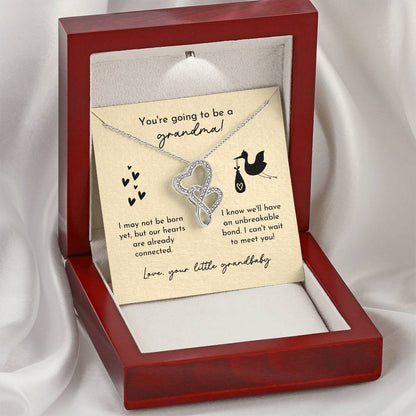 Grandma To Be Birth Announcement Double Hearts  Yellow Stork Double Hearts Necklace