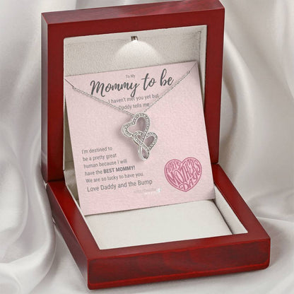 Mother's Day Mommy To Be From Daddy And Bump - 14K White Gold Finish Cubic Zirconia Necklace Double Hearts Necklace