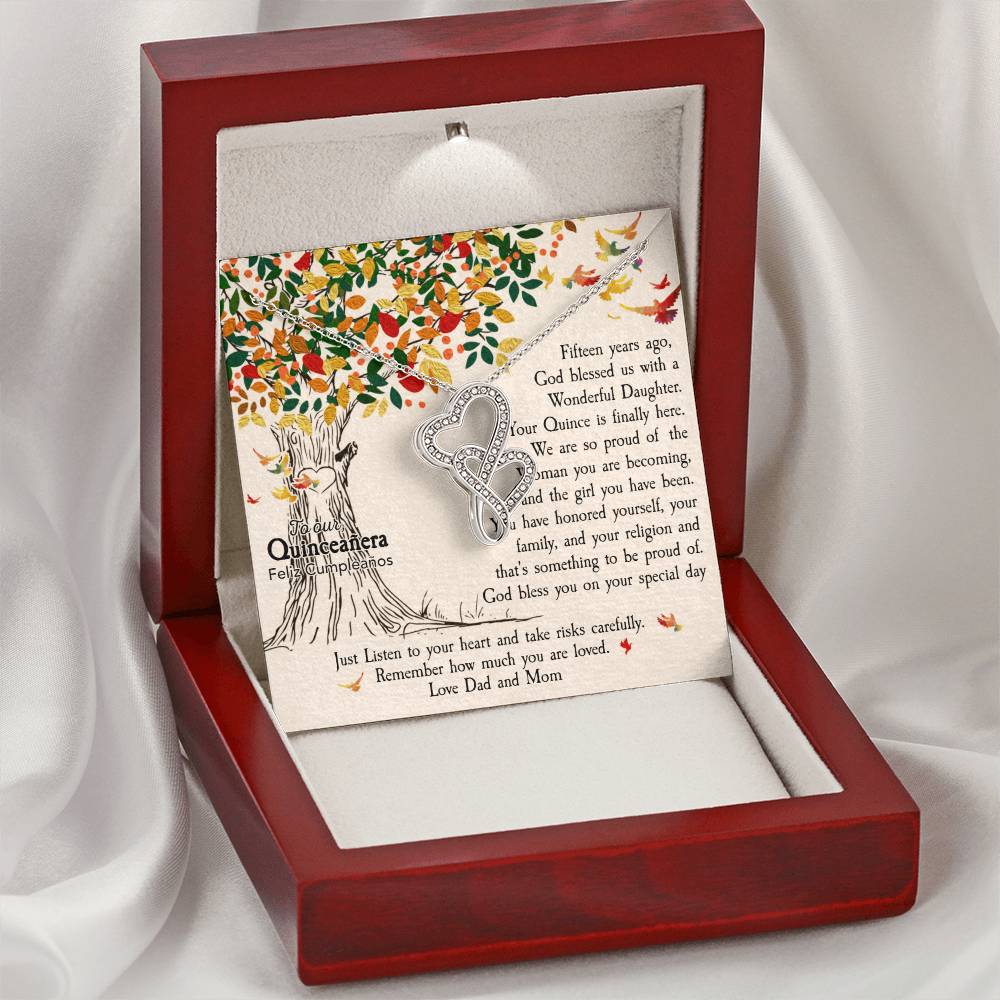 Quinceañera Feliz Cumpleaños Happy Birthday  Double Hearts Necklace