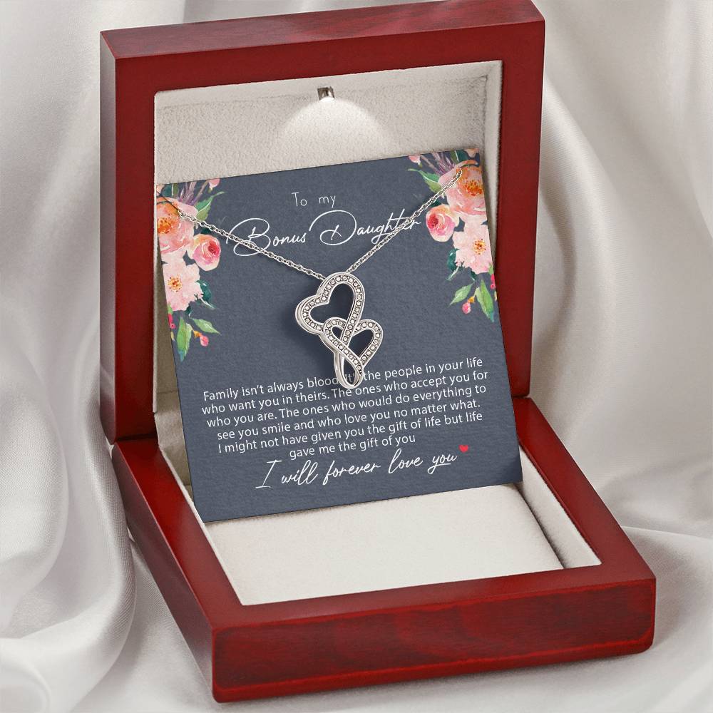 To My Bonus Daughter Family Isn't Always Blood  2 Double Hearts Necklace