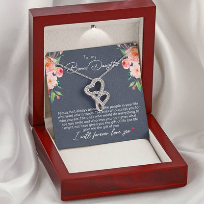 To My Bonus Daughter Family Isn't Always Blood  2 Double Hearts Necklace