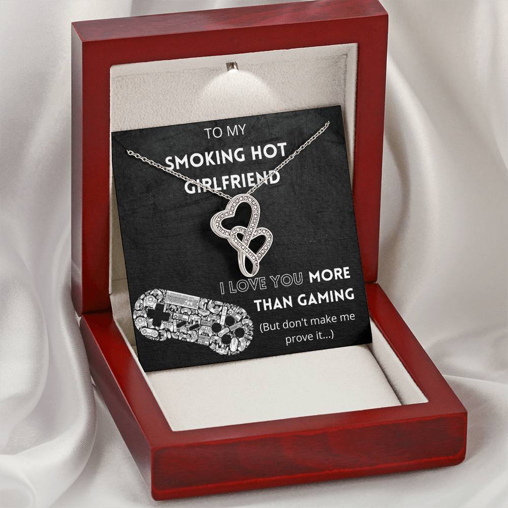 I Love You More Than Gaming - 14K White Gold Plated Joined Hearts Necklace For Girlfriend Double Hearts Necklace