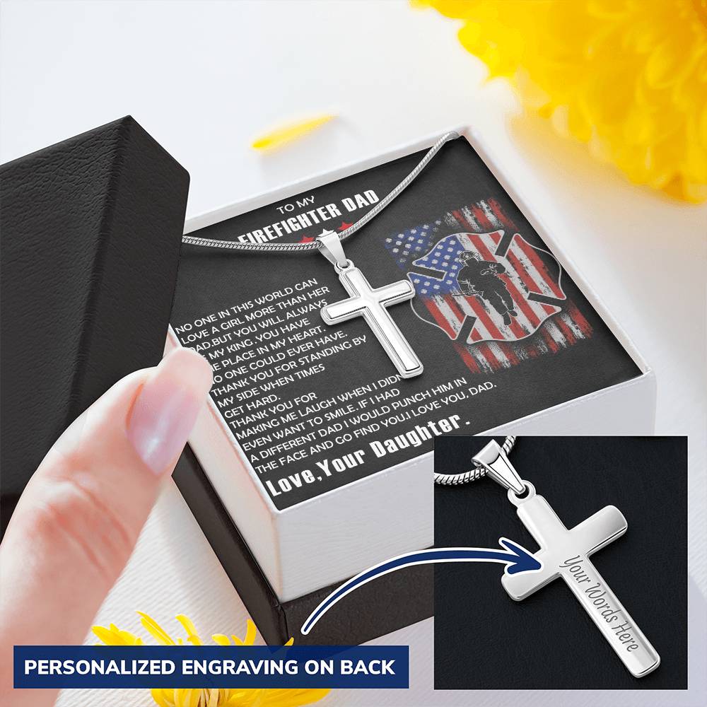 Firefighter Dad Gift-Firefighter Dad Cross Necklace-Father's Day Gift For Firefighter Customize Engraved Cross Necklace
