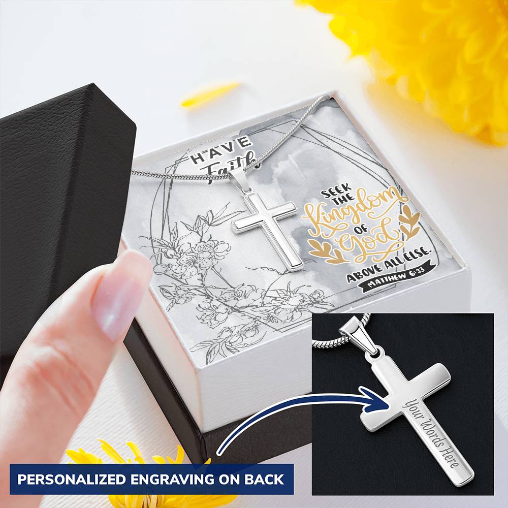 Dad To Son Gifts - Seek The Kingdom Of God Above All Else Customize Engraved Cross Necklace