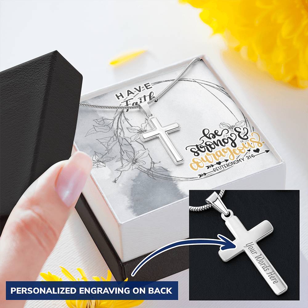 Dad To Son Gifts - Be Strong & Courageous Customize Engraved Cross Necklace