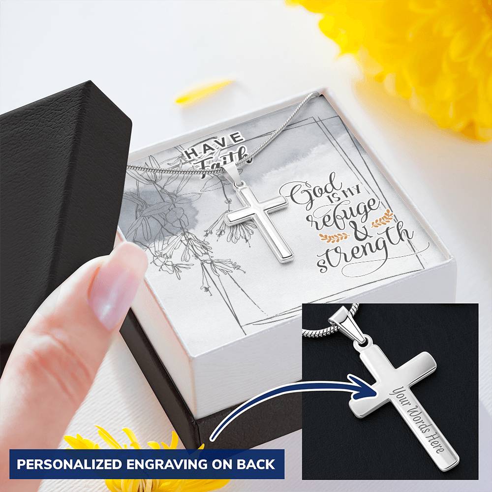 Dad To Son Gifts Cross Necklace Chain Bible Verse - God Is My Refuge & Strength Customize Engraved Cross Necklace