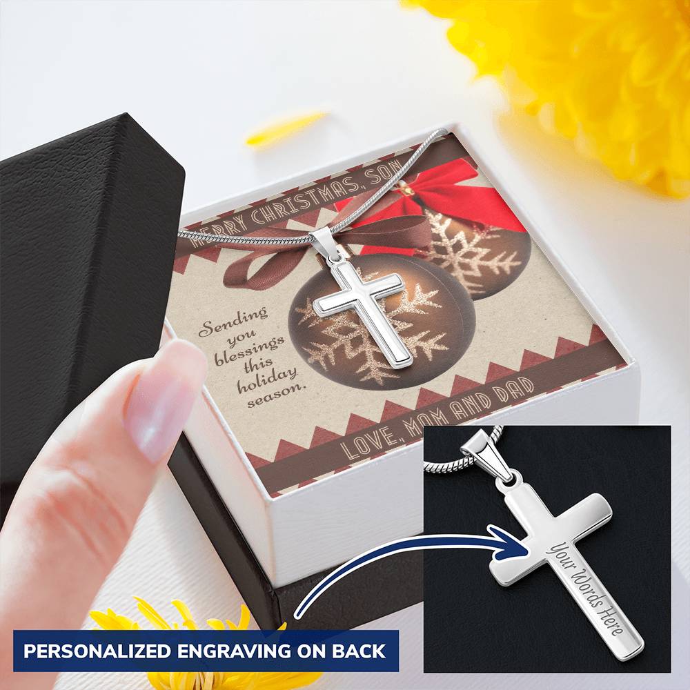 Christmas Blessings To Son Customize Engraved Cross Necklace From Mom And Dad Customize Engraved Cross Necklace