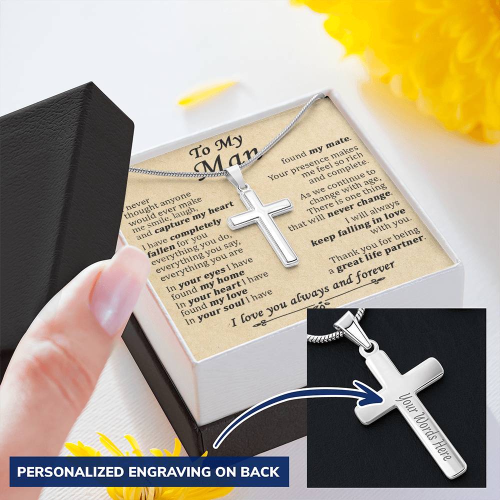 For Your Man - Keep Falling In Love - Cross Customize Engraved Cross Necklace