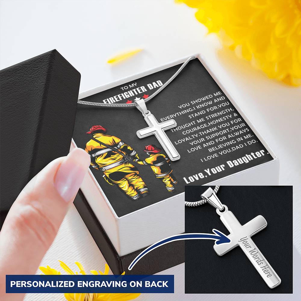 Firefighter Gift- Firefighter Cross Necklace- Father's Day Gift For Firefighter Customize Engraved Cross Necklace