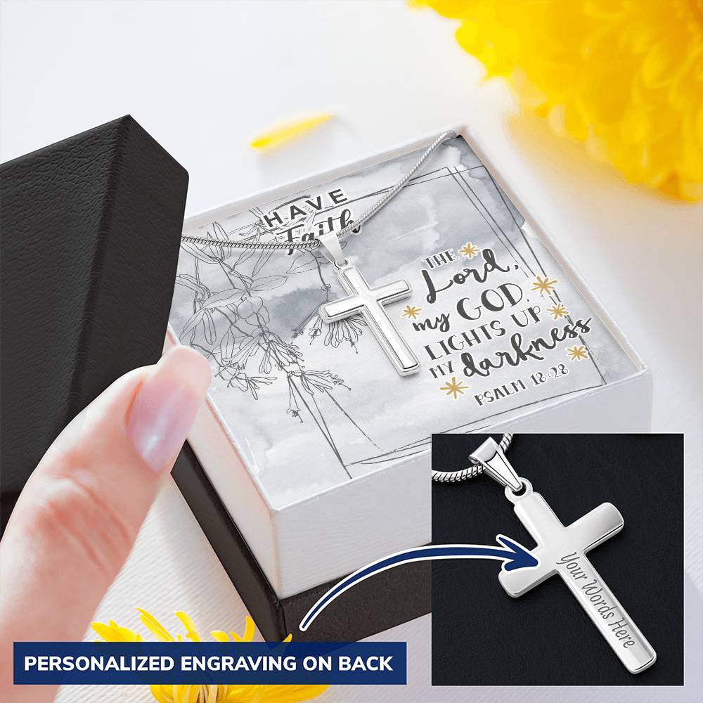 Dad To Son Gifts - The Lord My God Lights Up My Darkness Customize Engraved Cross Necklace