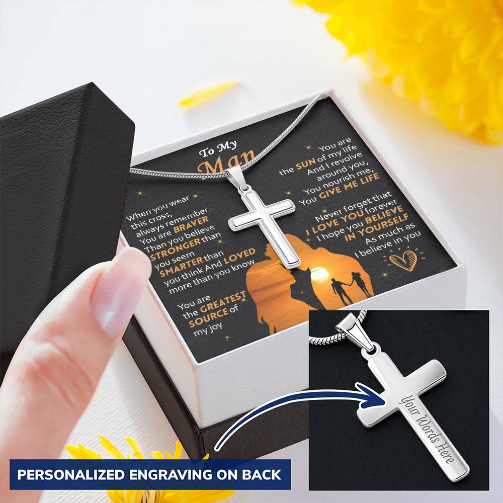 For Your Man - Braver Than You Believe - Cross Customize Engraved Cross Necklace