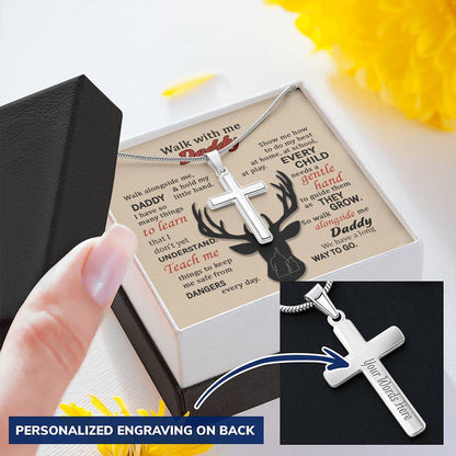 For Dad - Walk With Me - Cross Customize Engraved Cross Necklace