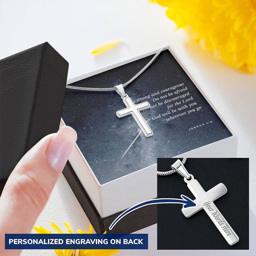 Be Strong And Courageous Blue Card Customize Engraved Cross Necklace