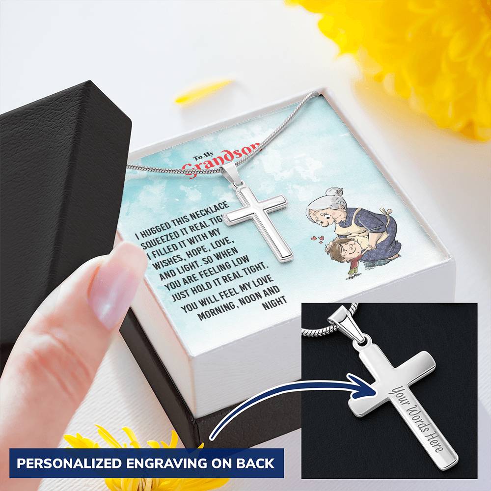 To My Grandson - You Will Feel My Love Cross Necklace Customize Engraved Cross Necklace