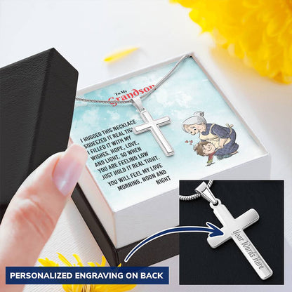 To My Grandson - You Will Feel My Love Cross Necklace Customize Engraved Cross Necklace