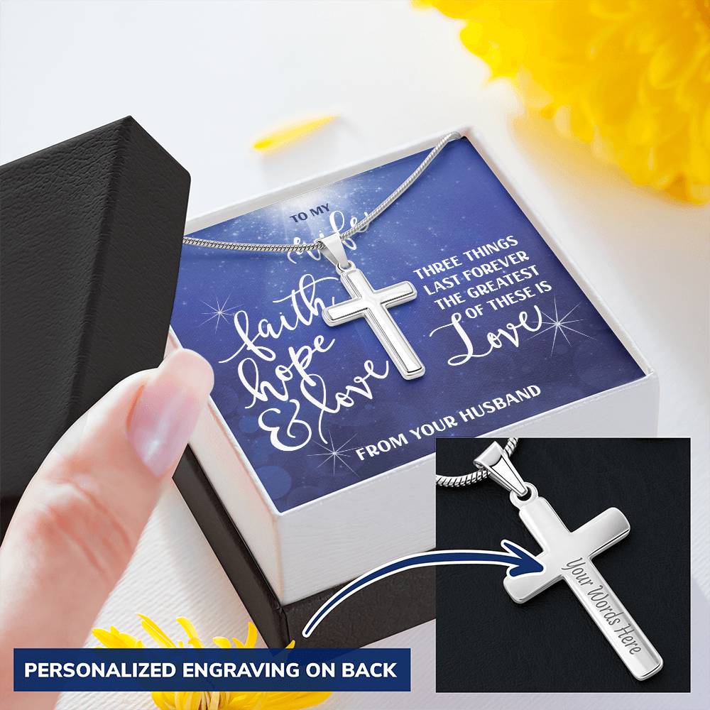 Customizable To My Wife Necklace- Faith Hope And Love Customize Engraved Cross Necklace