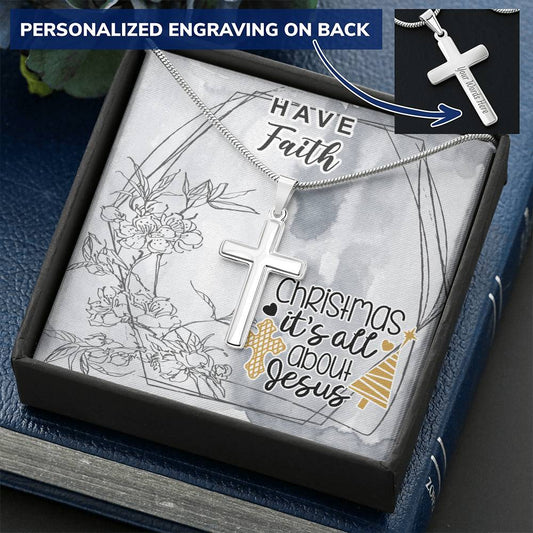 Dad To Son Gifts Cross Necklace Chain Bible Verse - Christmas It's All About Jesus Customize Engraved Cross Necklace