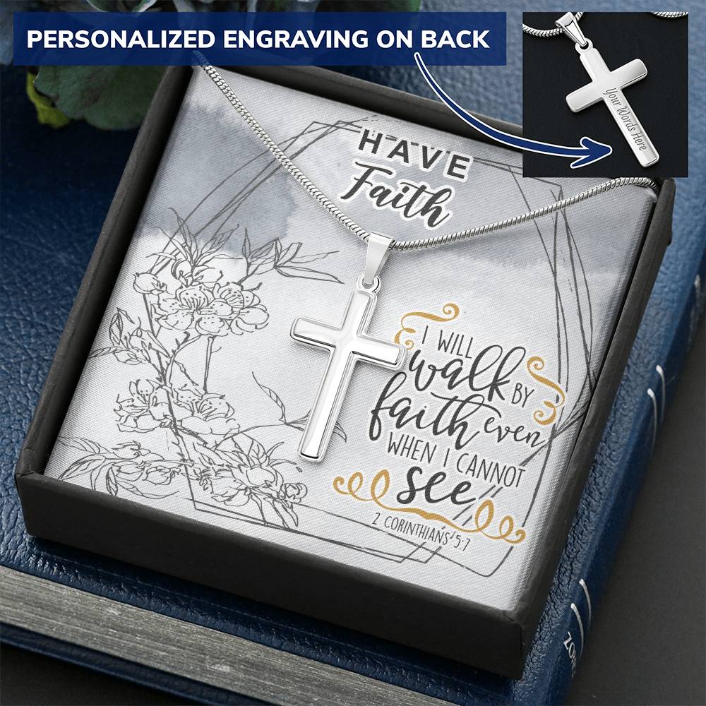 Dad To Son Gifts Cross Necklace Chain Bible Verse - I Will Walk By Faith Even When I Cannot See Customize Engraved Cross Necklace