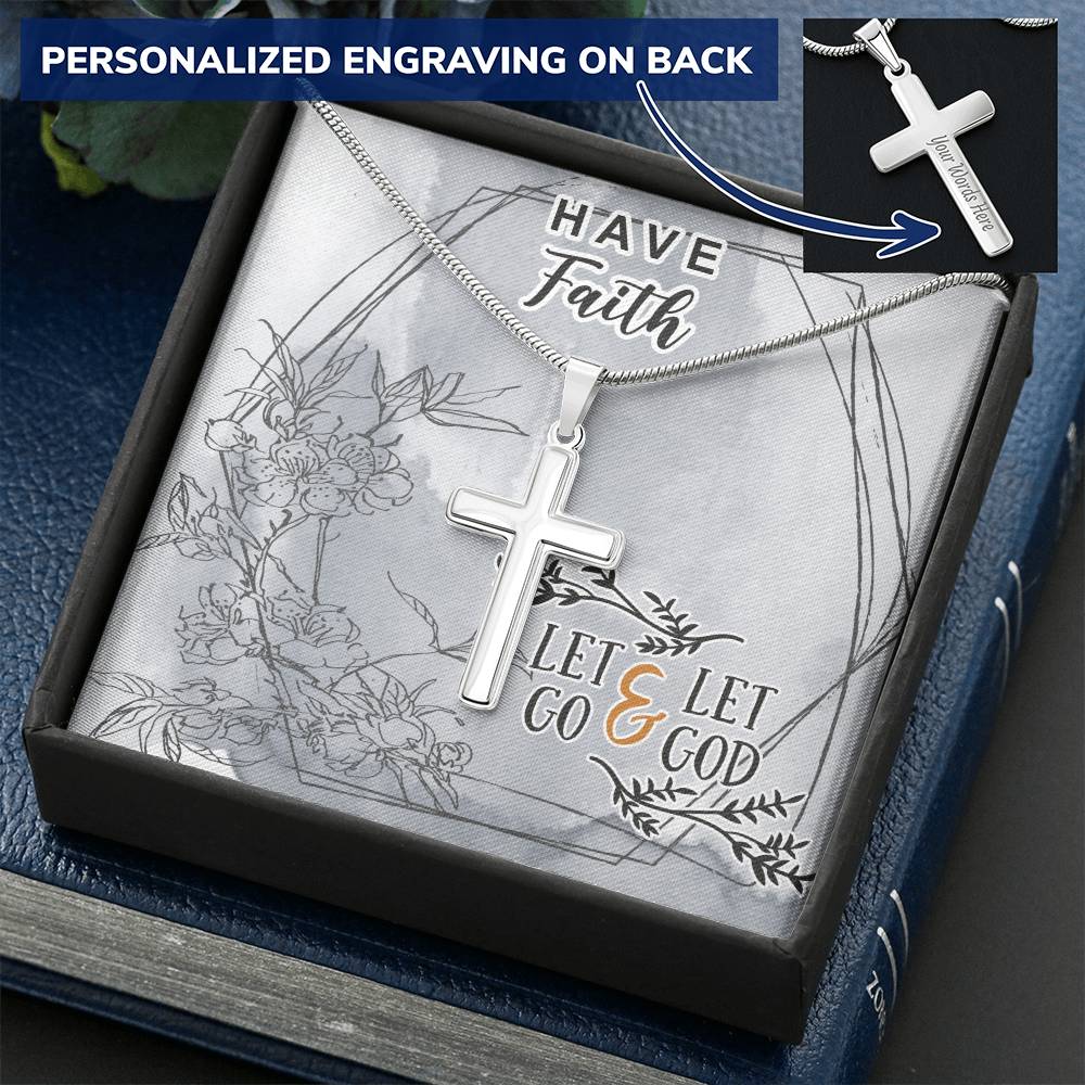 Dad To Son Gifts Cross Necklace Chain Bible Verse - Let Go & Let God Customize Engraved Cross Necklace