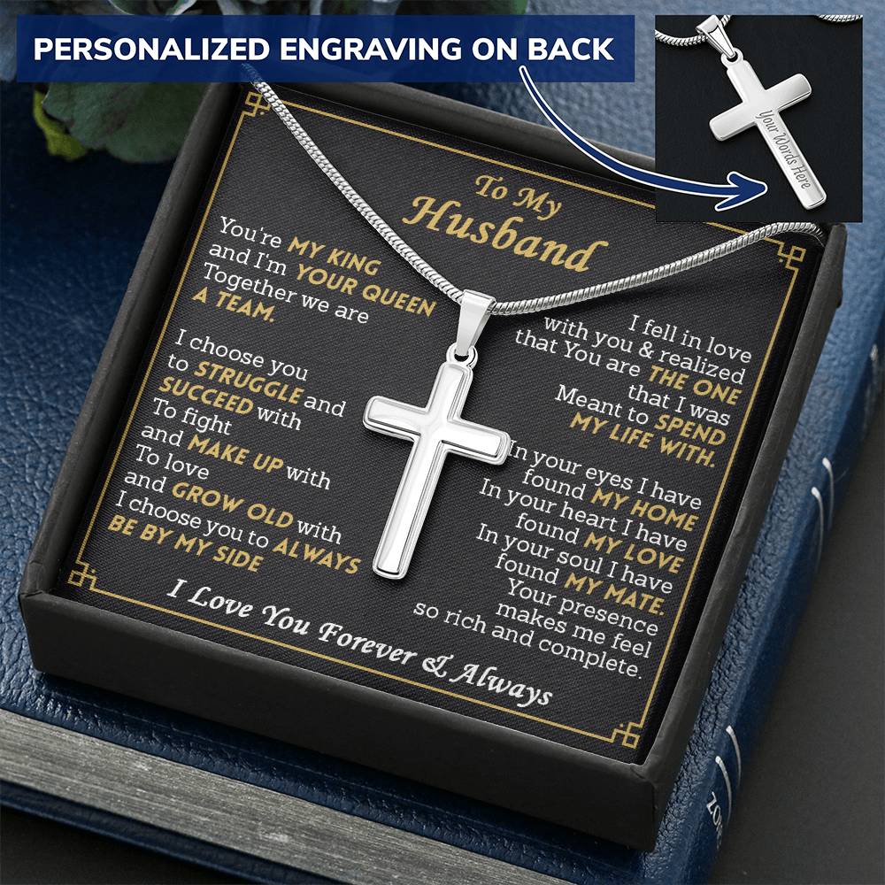 For Husband - King And Queen - Cross Customize Engraved Cross Necklace