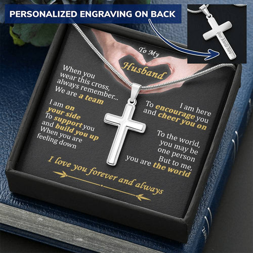 For Husband - I Am On Your Side - Cross Customize Engraved Cross Necklace
