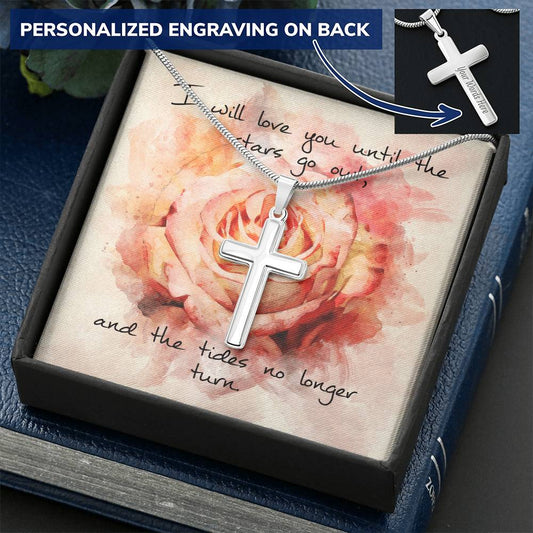 Cross Necklace - Engravable - Pink Rose Message Card Customize Engraved Cross Necklace