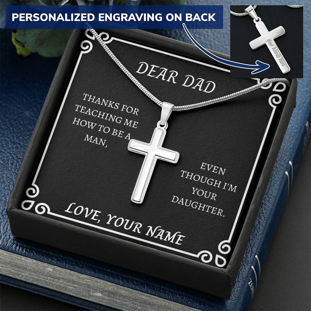 Gift For Dad  Thanks For Teaching Me How To Be A Man. Customize Engraved Cross Necklace