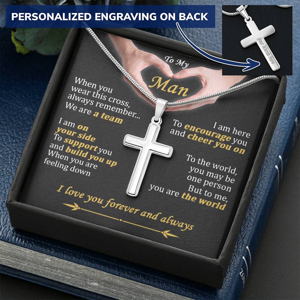 For Your Man - I Am On Your Side - Cross Customize Engraved Cross Necklace