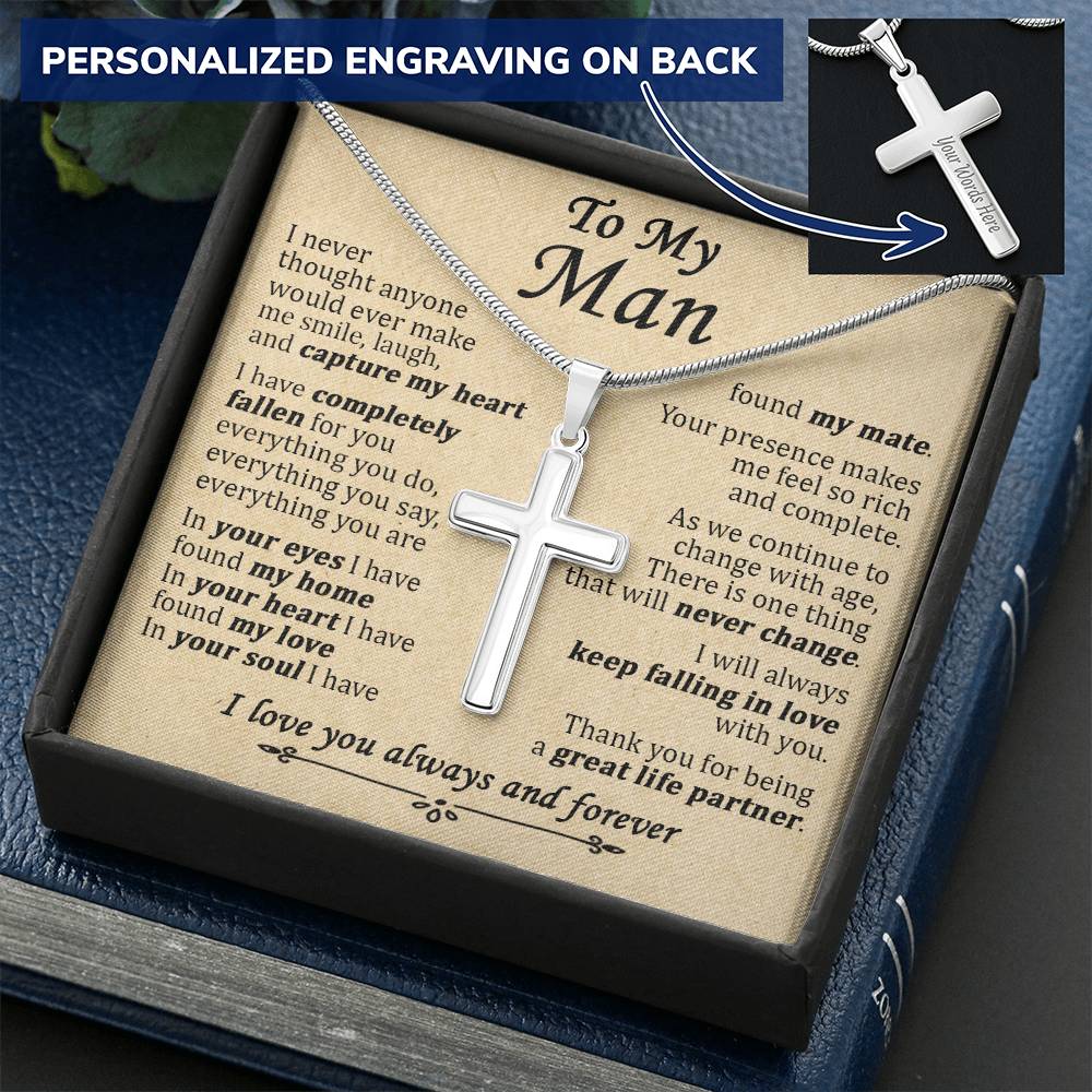 For Your Man - Keep Falling In Love - Cross Customize Engraved Cross Necklace